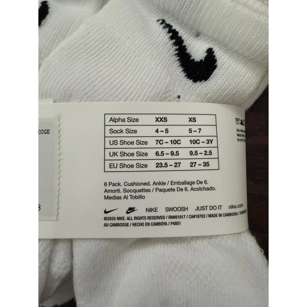 Nike Kids 6 Pack Everyday Cushioned Ankle Socks White RN0372-001 Size 7C-10C